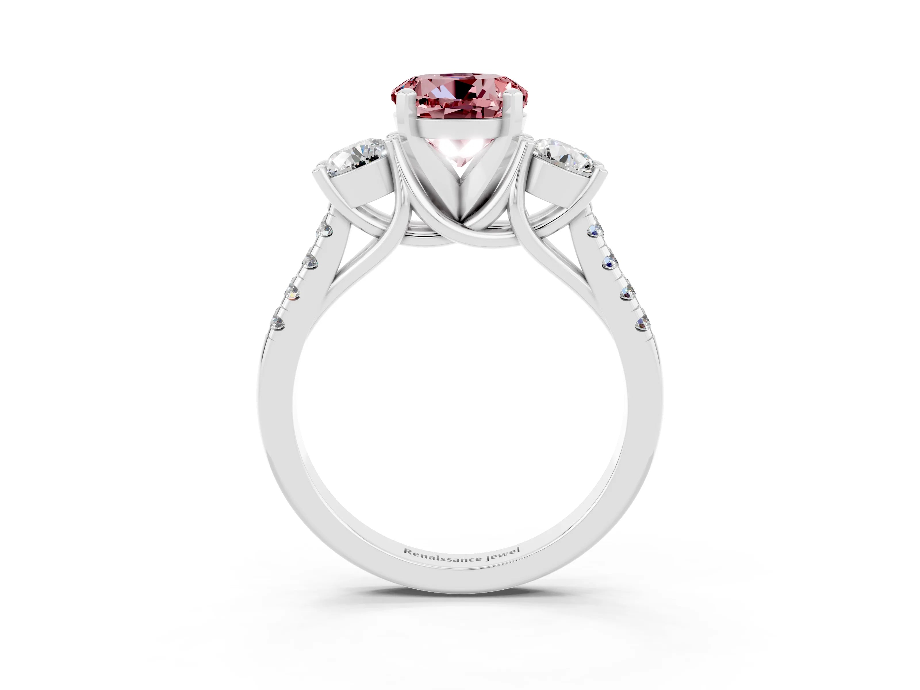 White gold Three-Stone Round Cut Morganite Pavé Band with Four-Prong Setting_3