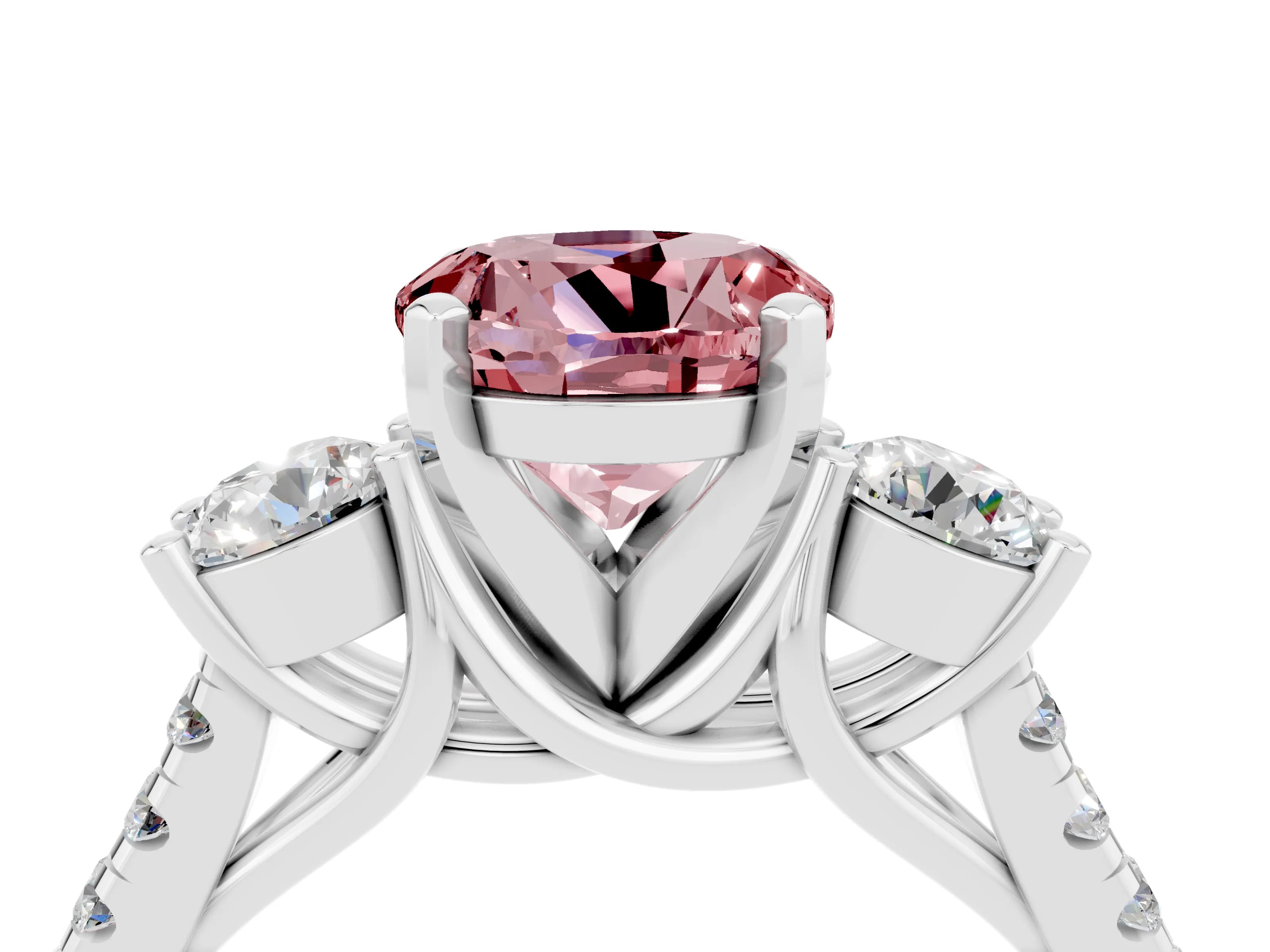 White gold Three-Stone Round Cut Morganite Pavé Band with Four-Prong Setting_4