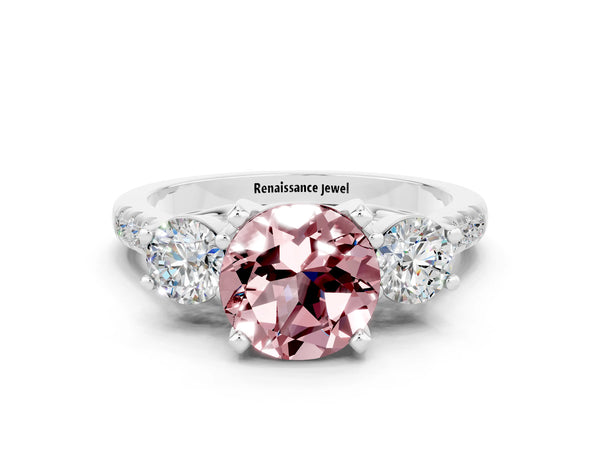 Silver Three-Stone Round Cut Morganite Pavé Band with Four-Prong Setting