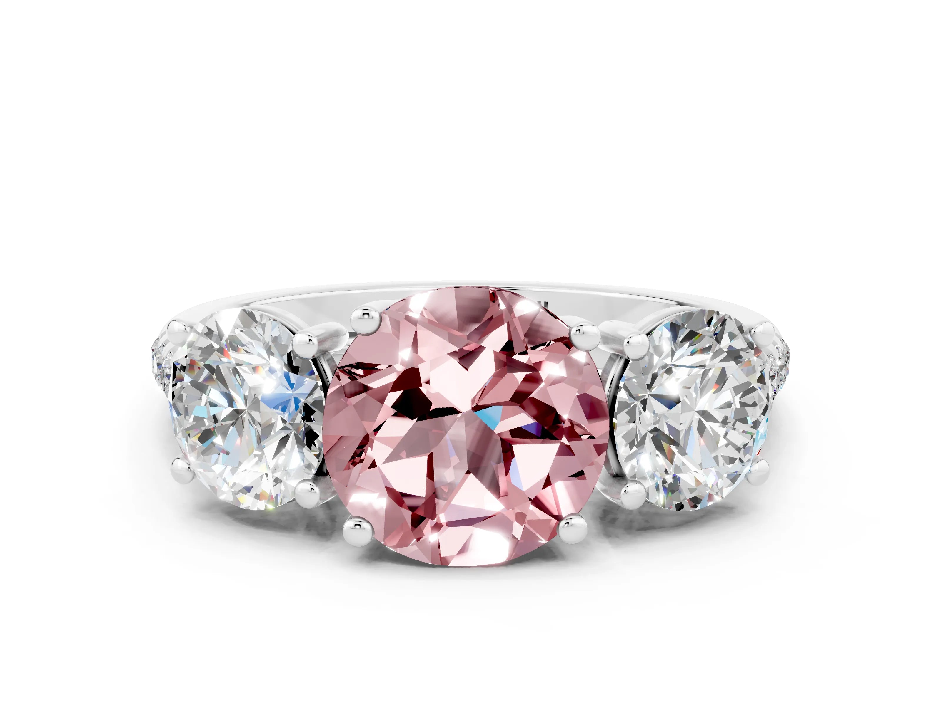 White gold Three-Stone Round Cut Morganite Ring with Pavé Band and Prong Setting_12