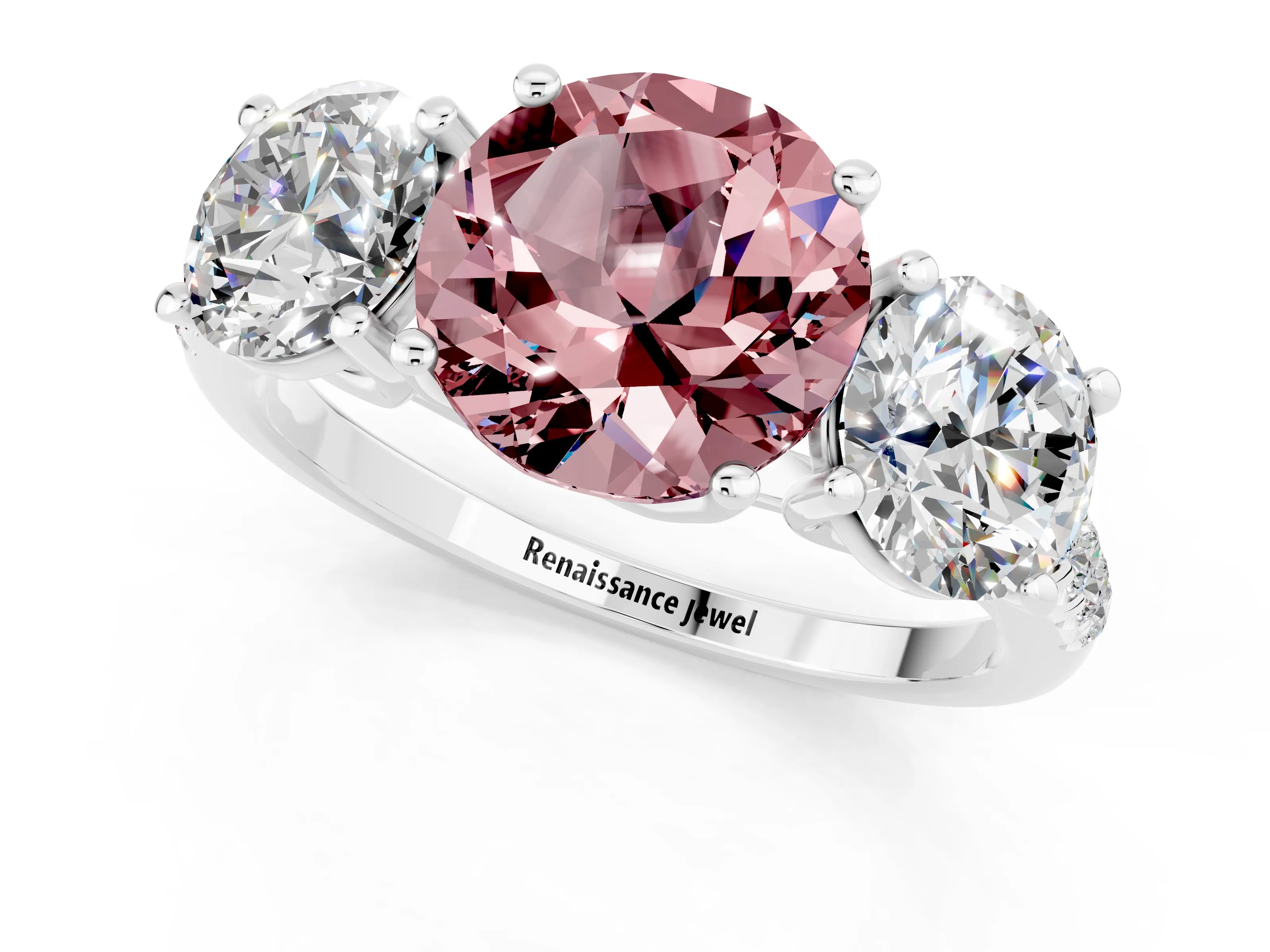 White gold Three-Stone Round Cut Morganite Ring with Pavé Band and Prong Setting_13