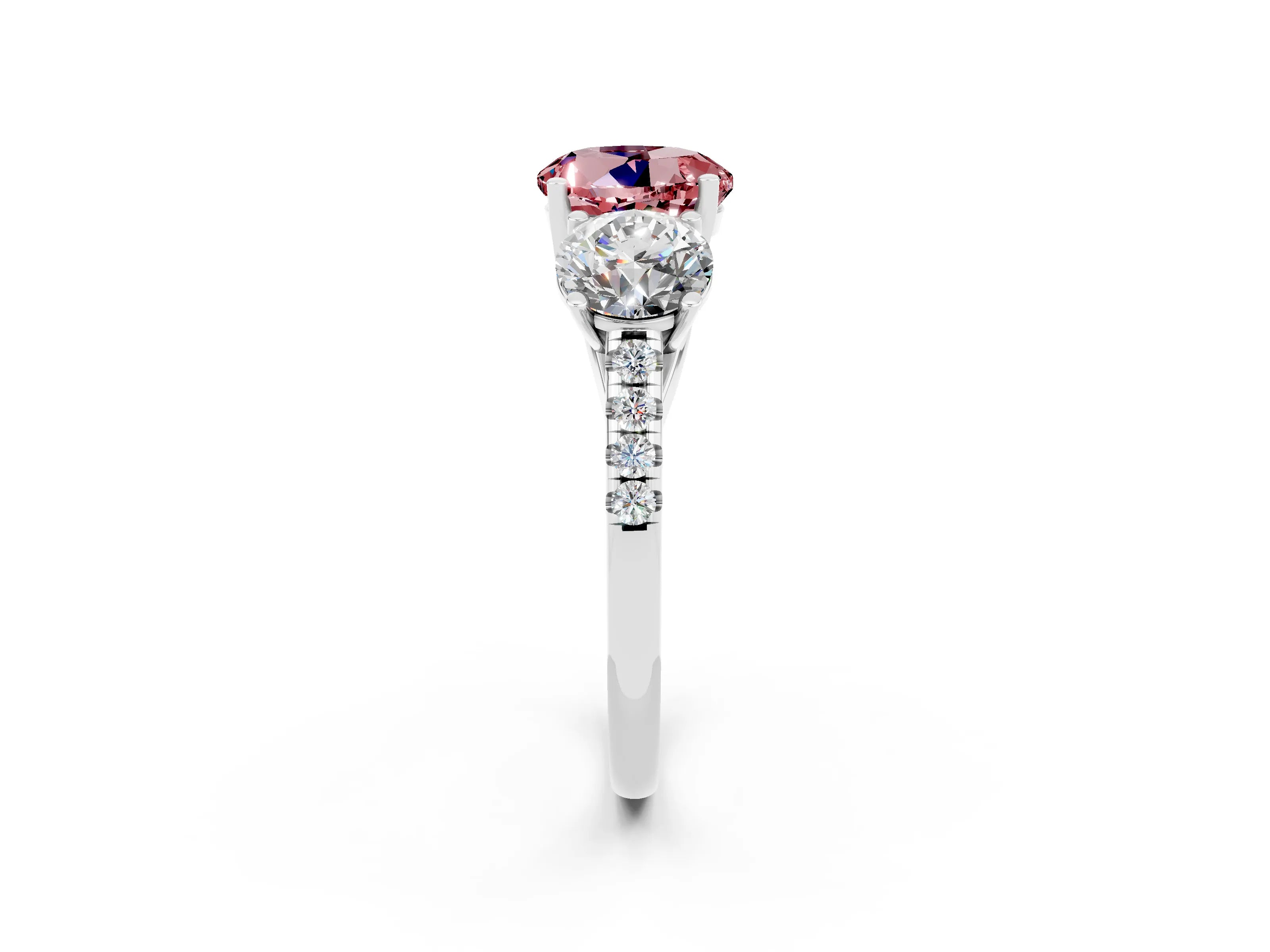 White gold Three-Stone Round Cut Morganite Ring with Pavé Band and Prong Setting_14