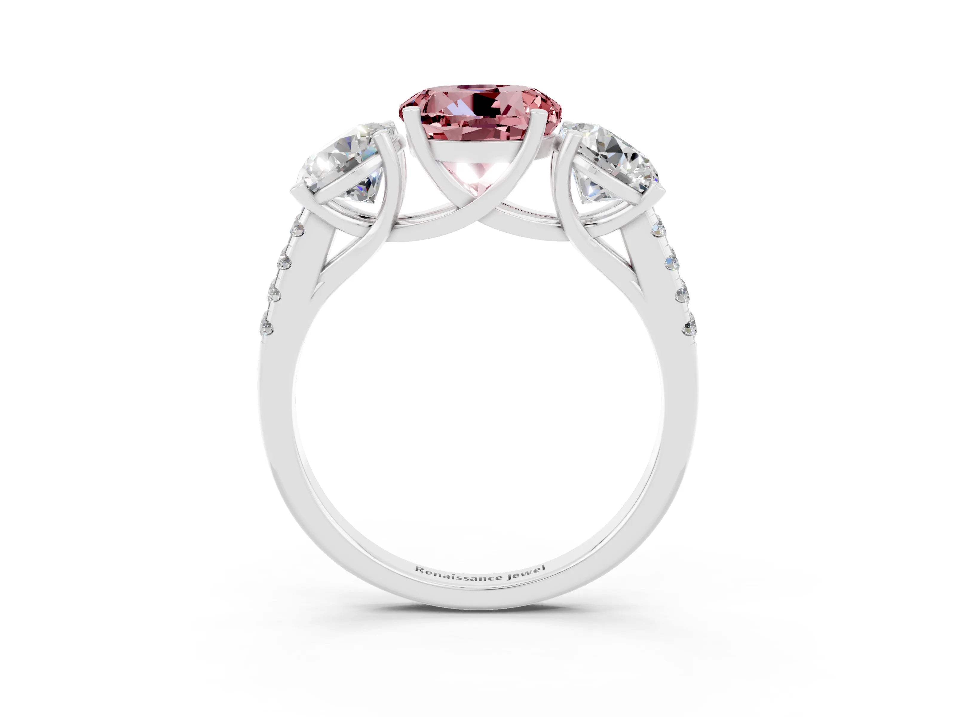 White gold Three-Stone Round Cut Morganite Ring with Pavé Band and Prong Setting_15
