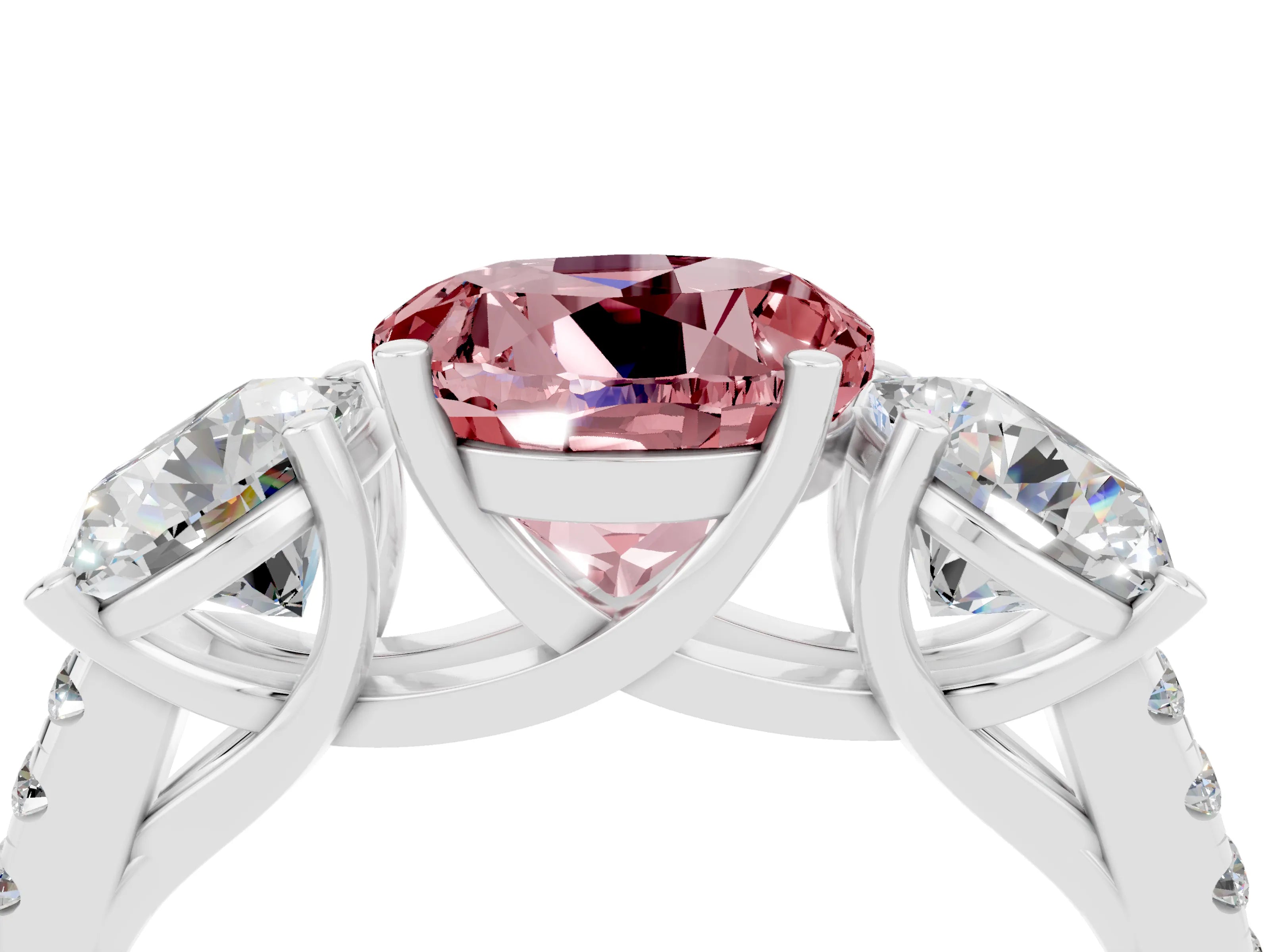 White gold Three-Stone Round Cut Morganite Ring with Pavé Band and Prong Setting_16