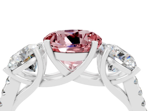 White gold Three-Stone Round Cut Morganite Ring with Pavé Band and Prong Setting_16