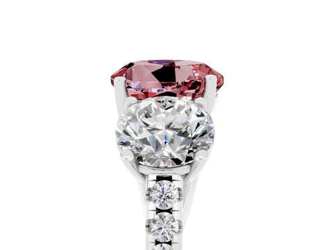White gold Three-Stone Round Cut Morganite Ring with Pavé Band and Prong Setting_17