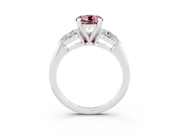 White gold Three-Stone Round Cut Morganite Ring with Pear Side Stones and Four-Prong Setting
