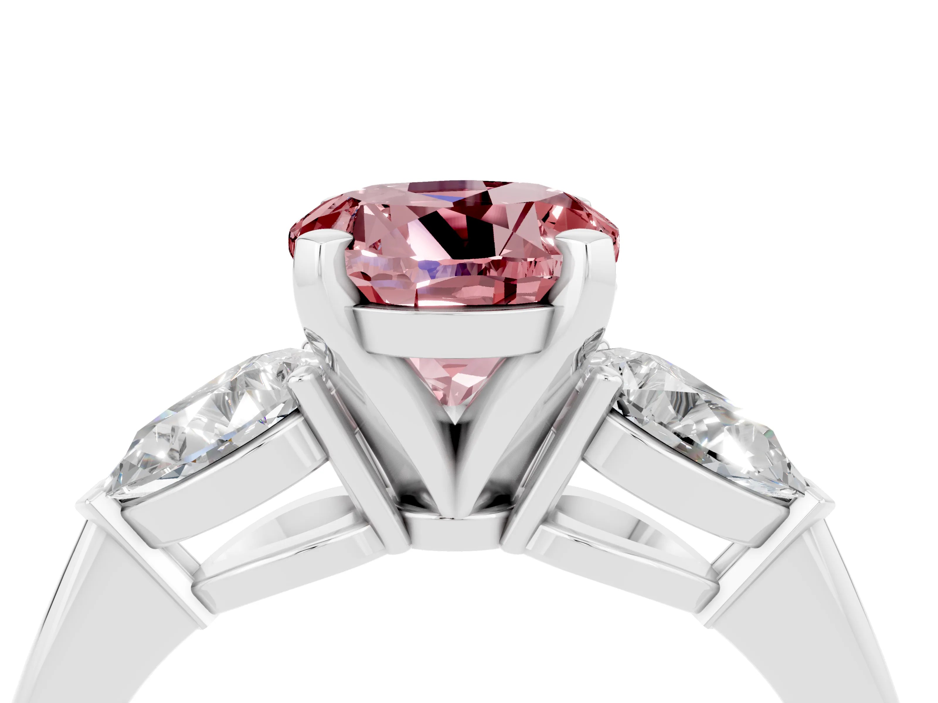 White gold Three-Stone Round Cut Morganite Ring with Pear Side Stones and Four-Prong Setting_22