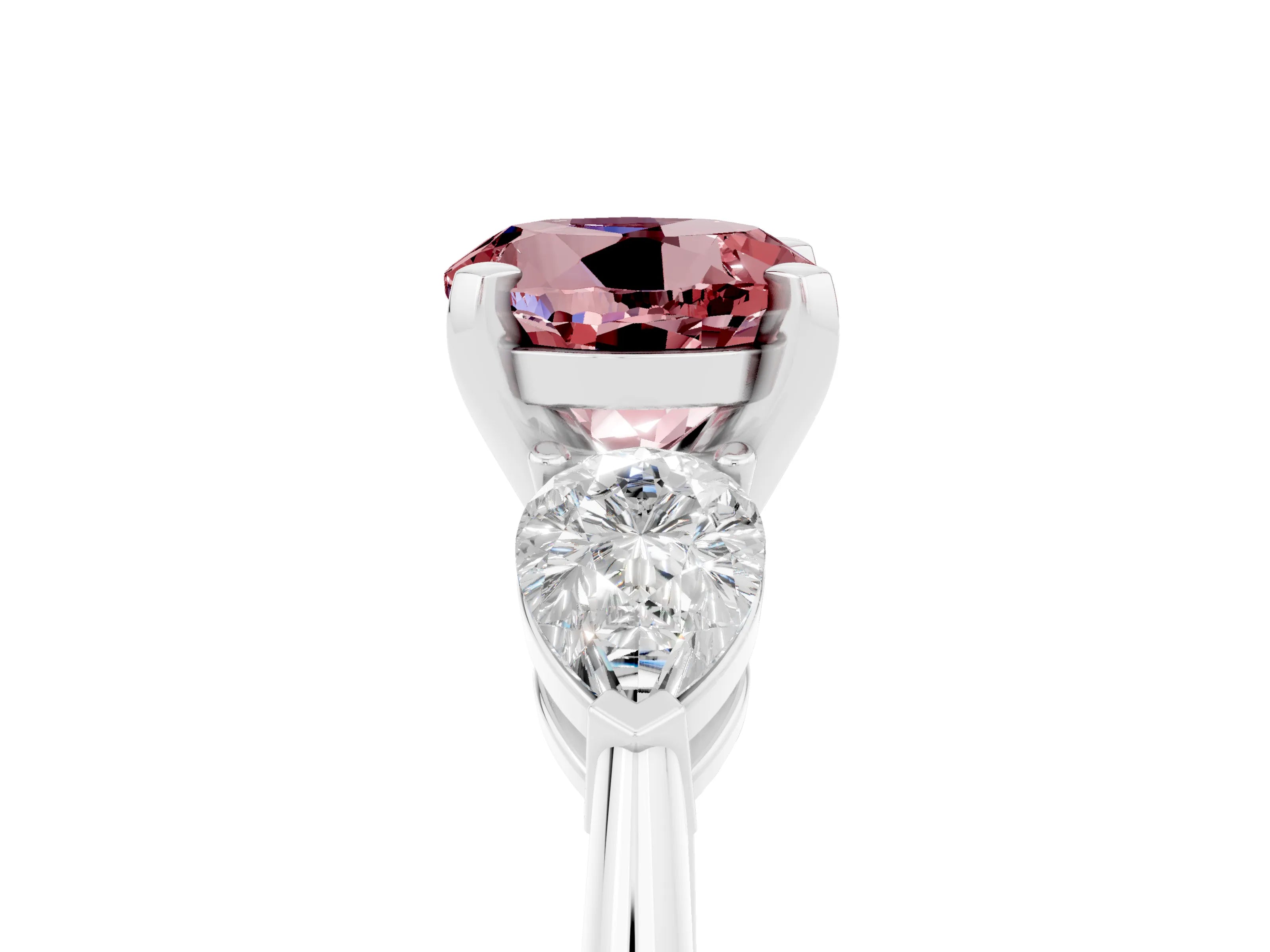 White gold Three-Stone Round Cut Morganite Ring with Pear Side Stones and Four-Prong Setting_23