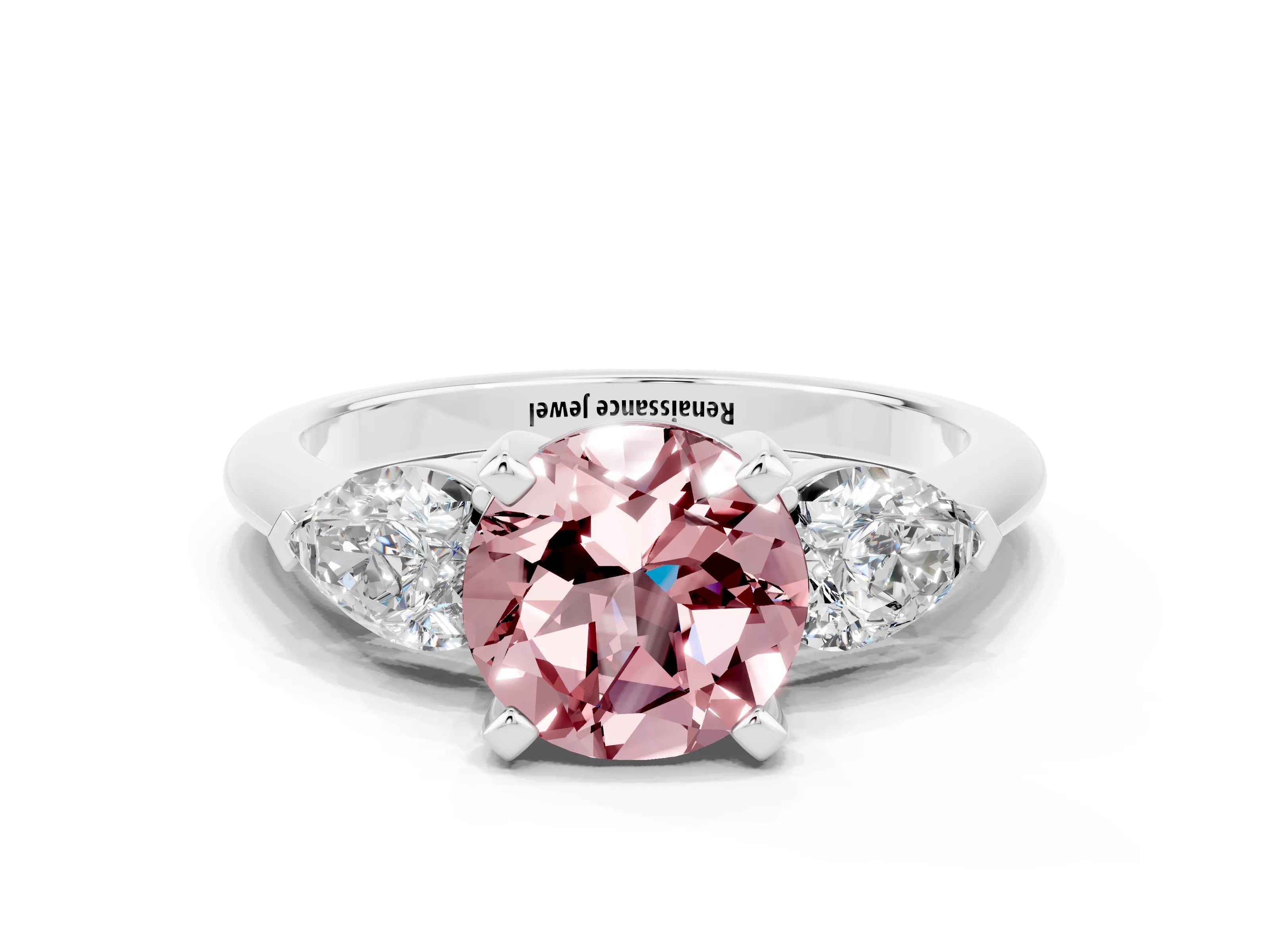 White gold Three-Stone Round Cut Morganite Ring with Pear Side Stones and Four-Prong Setting_24