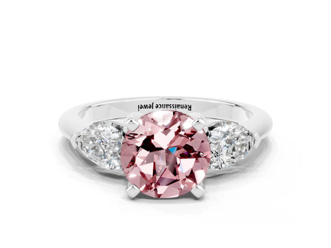 White gold Three-Stone Round Cut Morganite Ring with Pear Side Stones and Four-Prong Setting_24