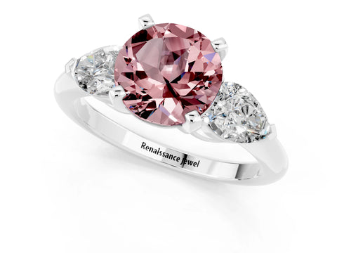 White gold Three-Stone Round Cut Morganite Ring with Pear Side Stones and Four-Prong Setting_25