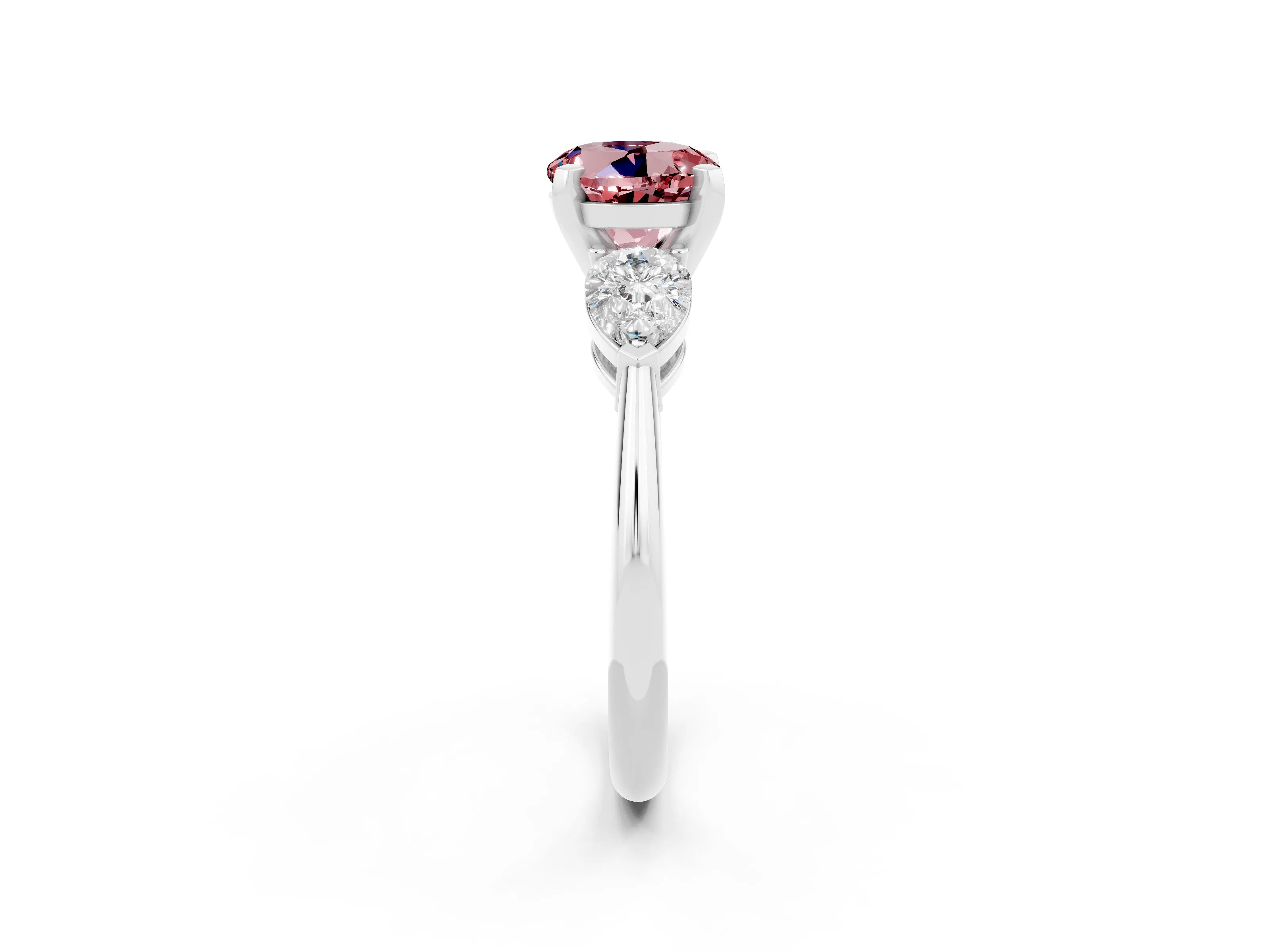 White gold Three-Stone Round Cut Morganite Ring with Pear Side Stones and Four-Prong Setting_26