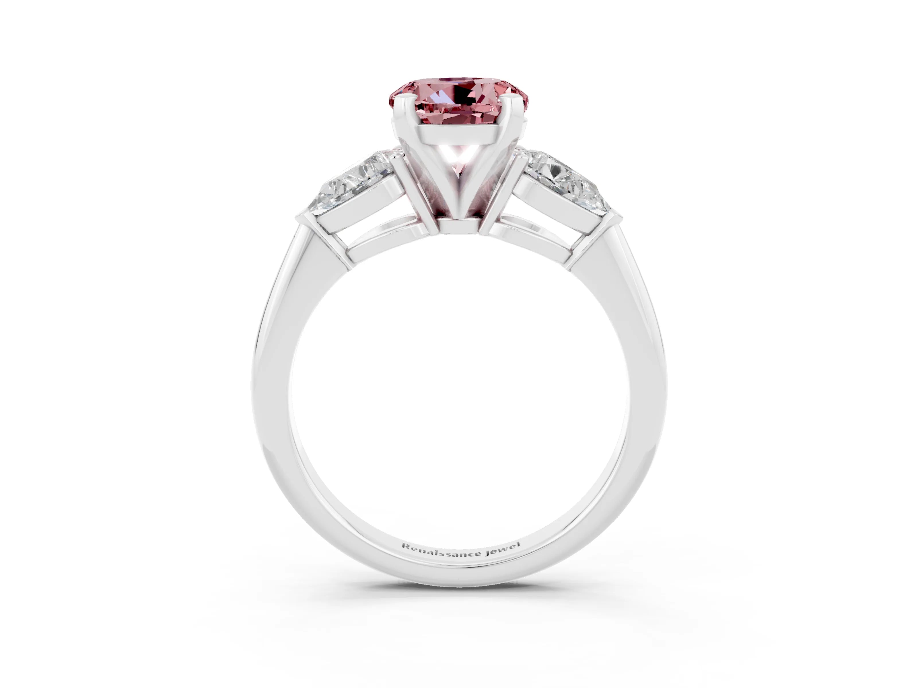 White gold Three-Stone Round Cut Morganite Ring with Pear Side Stones and Four-Prong Setting_27