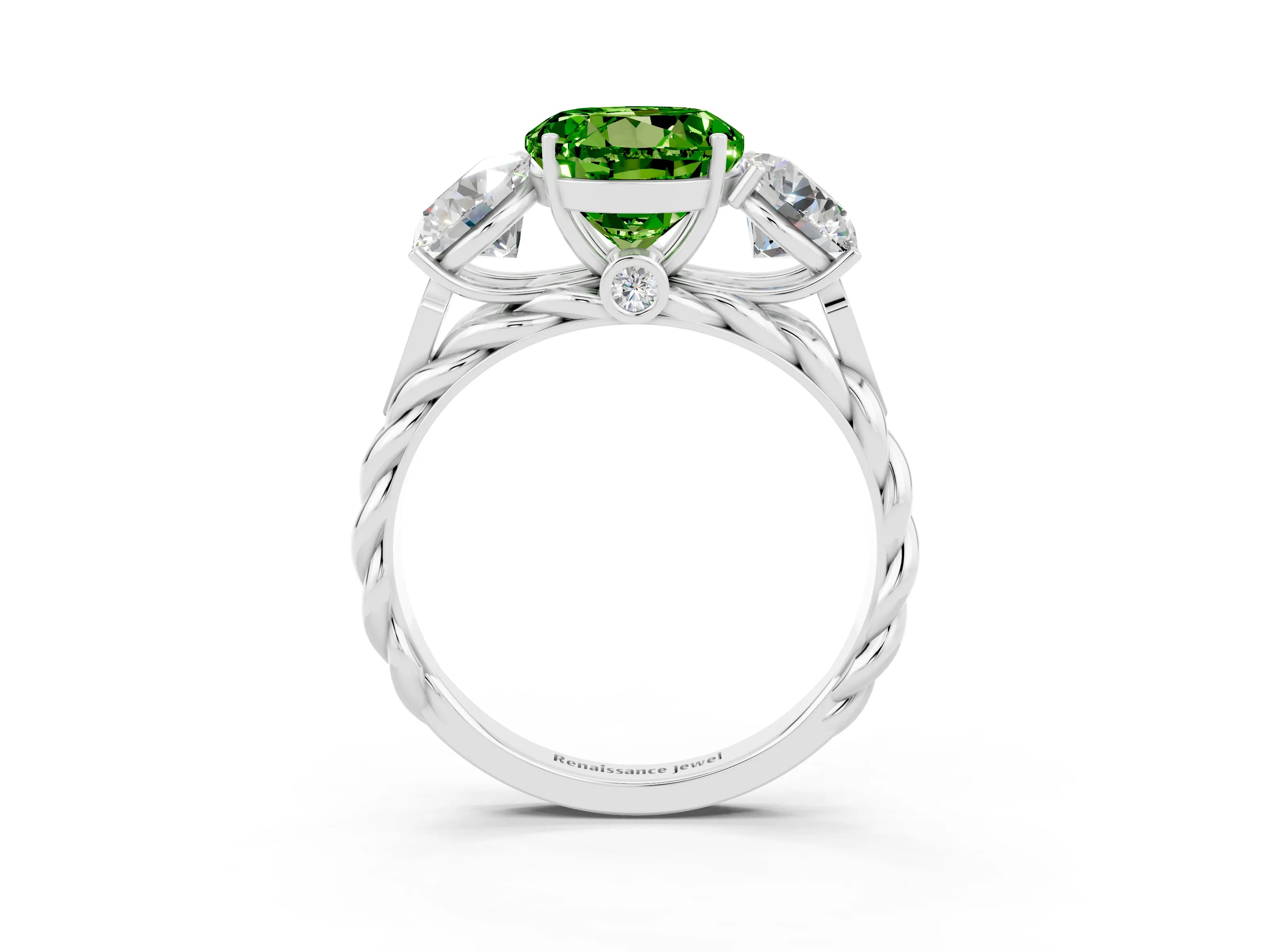 White gold Three-Stone Round Cut Peridot Braided Band Ring with Four-Prong Setting_15