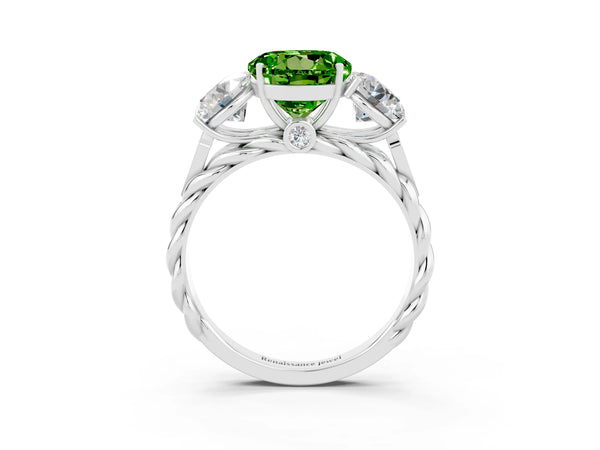 White gold Three-Stone Round Cut Peridot Braided Band Ring with Four-Prong Setting