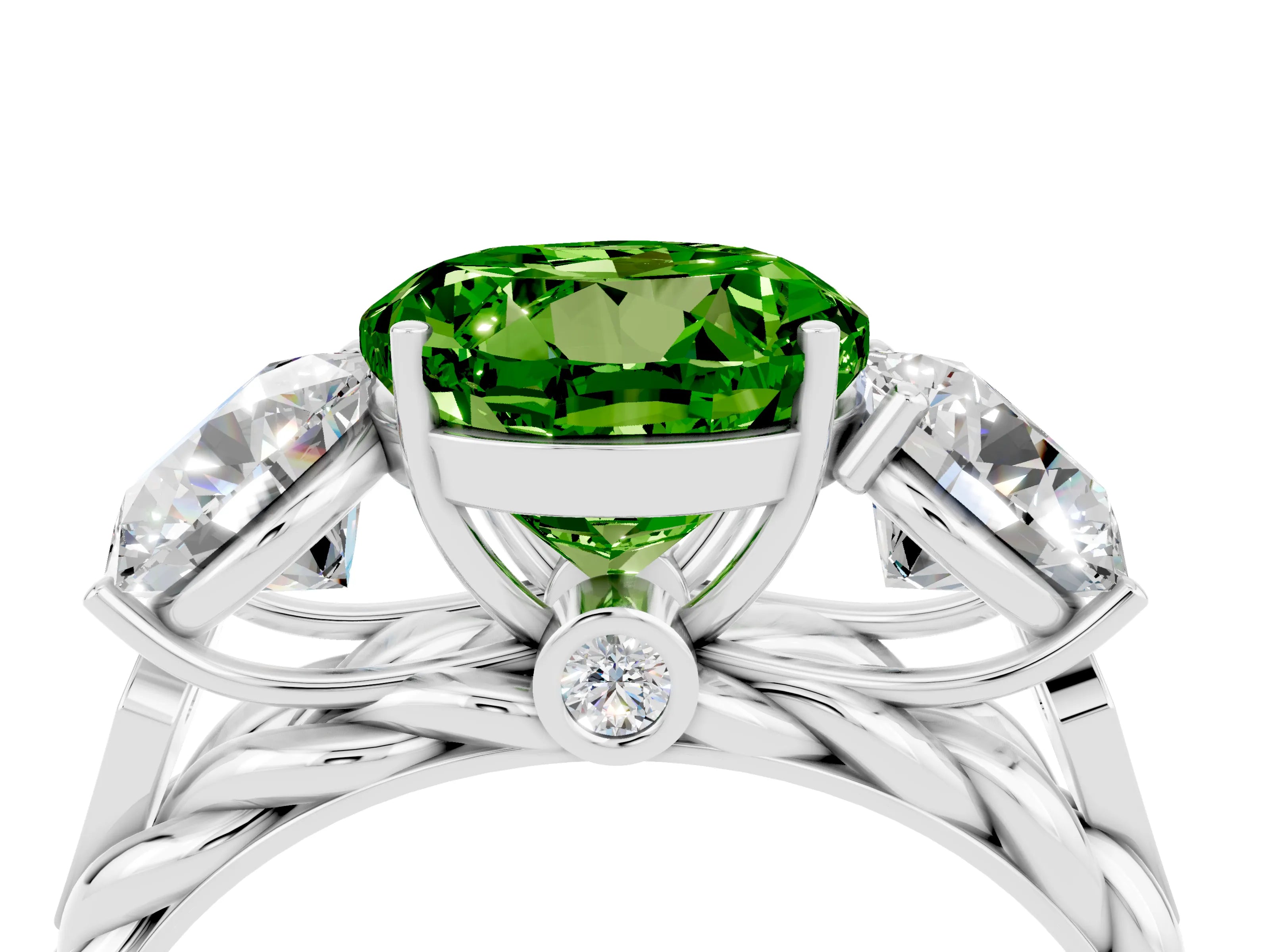 White gold Three-Stone Round Cut Peridot Braided Band Ring with Four-Prong Setting_16
