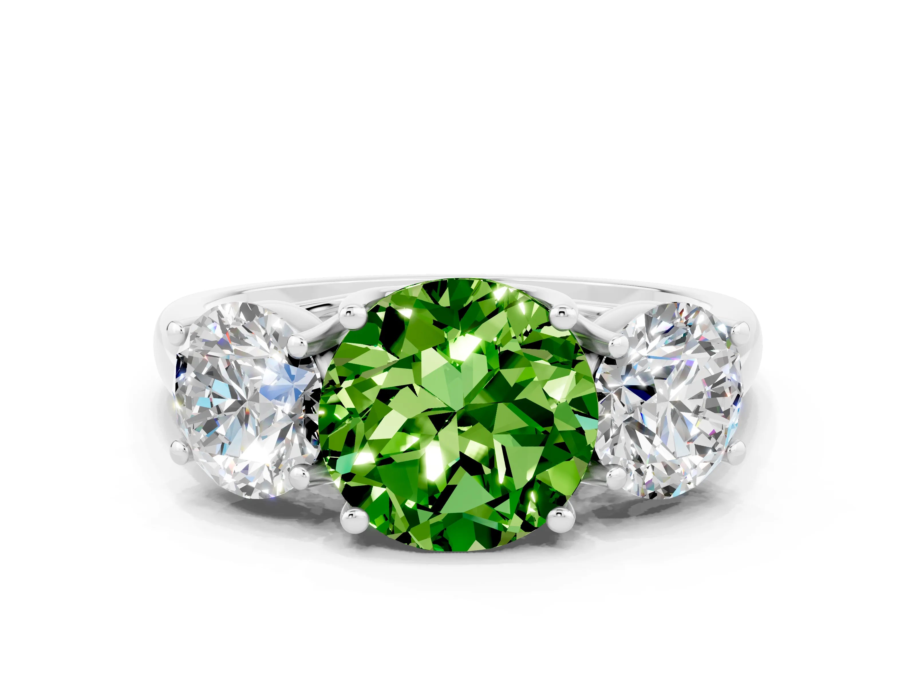 White gold Three-Stone Round Cut Peridot Engagement Ring with Prong Setting