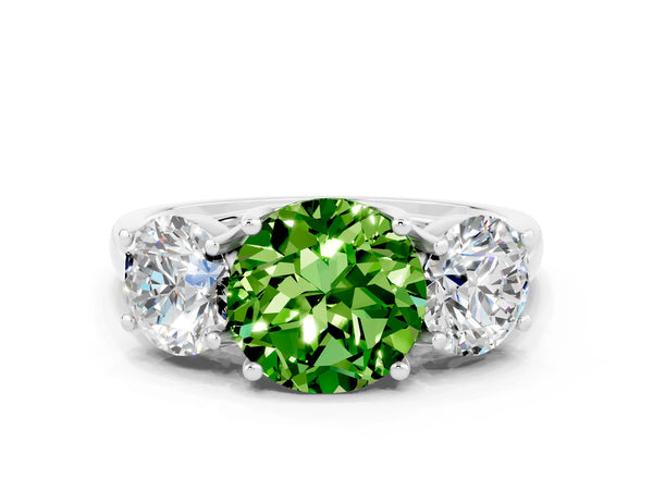 Platinum Three-Stone Round Cut Peridot Engagement Ring with Prong Setting
