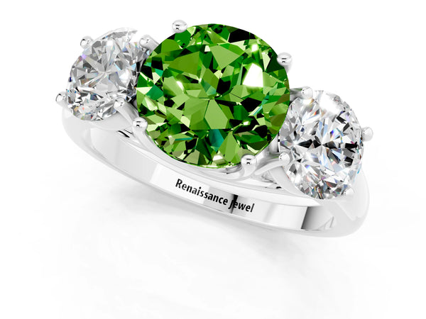 Platinum Three-Stone Round Cut Peridot Engagement Ring with Prong Setting