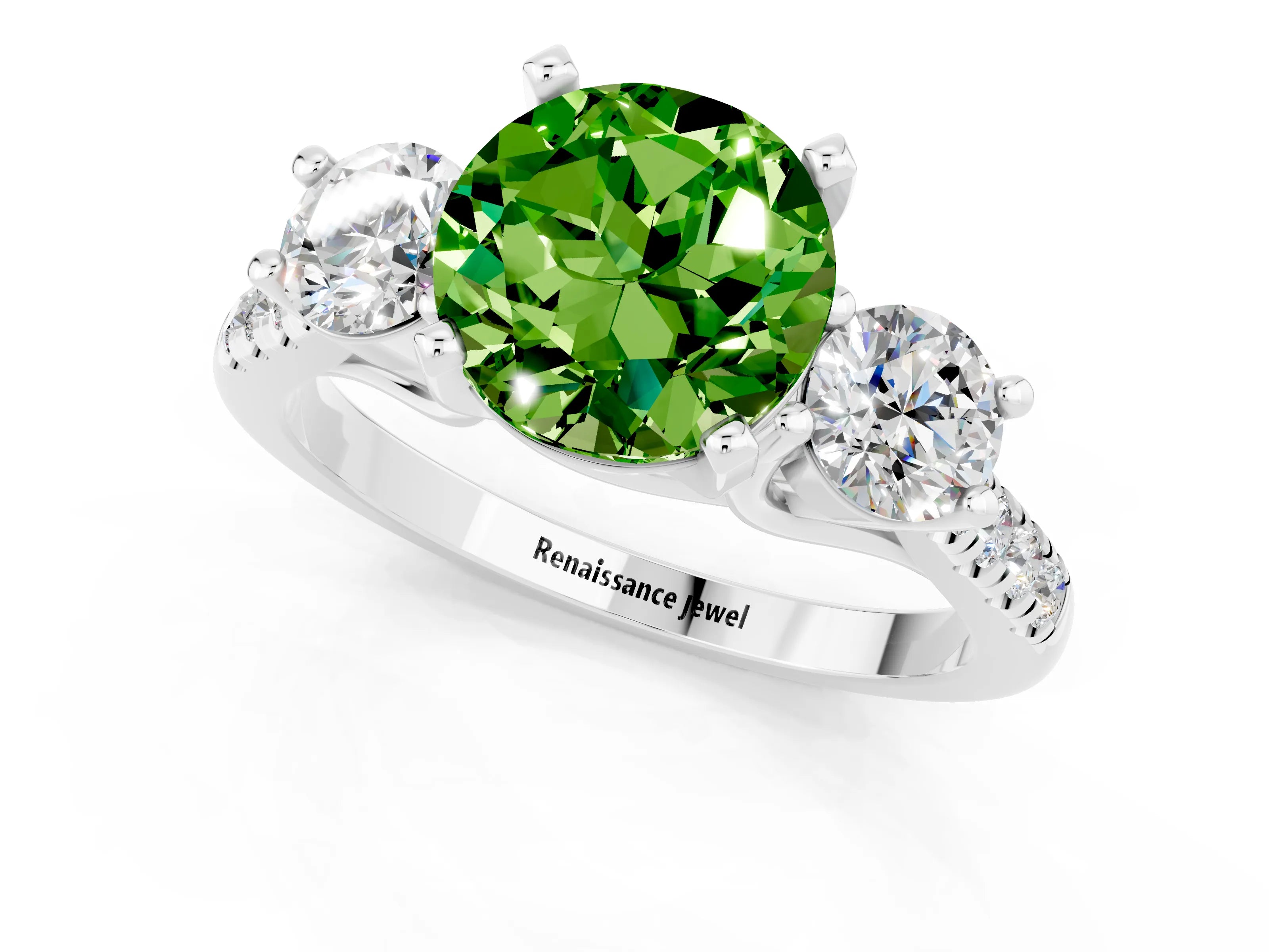 White gold Three-Stone Round Cut Peridot Pavé Band with Four-Prong Setting_1