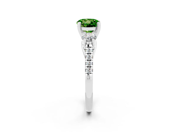 Platinum Three-Stone Round Cut Peridot Pavé Band with Four-Prong Setting