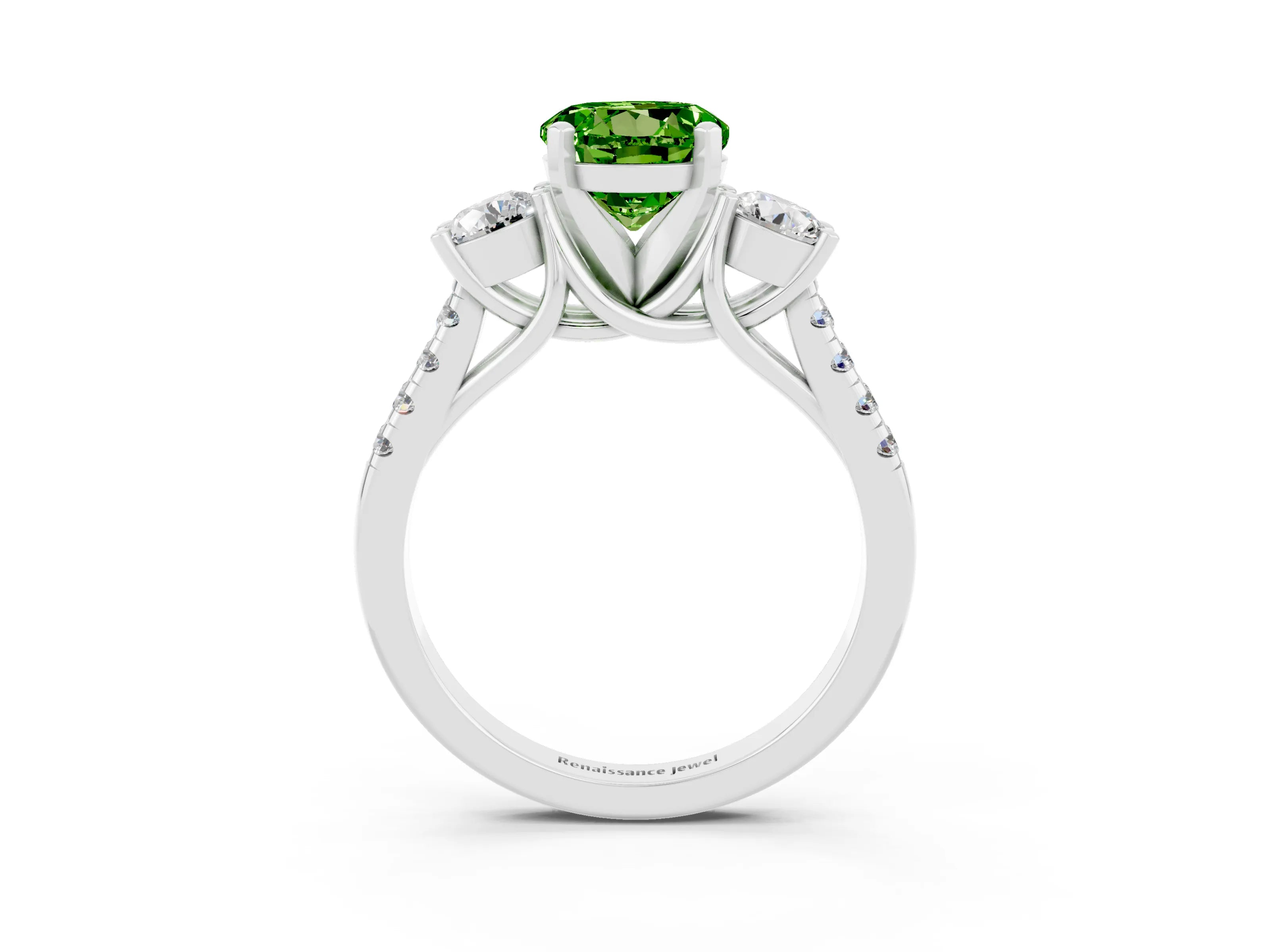 White gold Three-Stone Round Cut Peridot Pavé Band with Four-Prong Setting_3