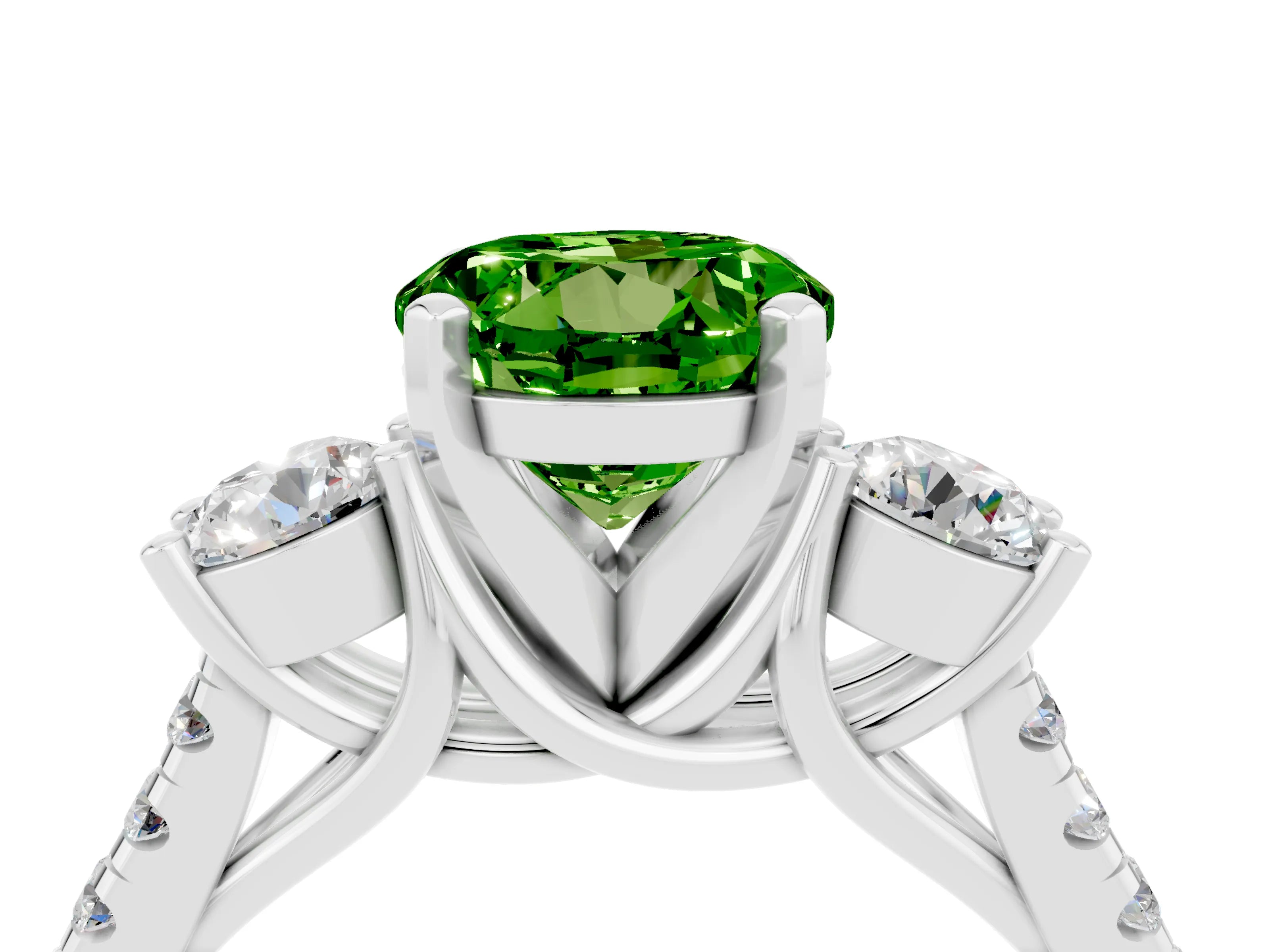White gold Three-Stone Round Cut Peridot Pavé Band with Four-Prong Setting_4