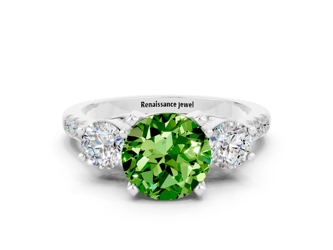 White gold Three-Stone Round Cut Peridot Pavé Band with Four-Prong Setting