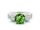 White gold Three-Stone Round Cut Peridot Pavé Band with Four-Prong Setting