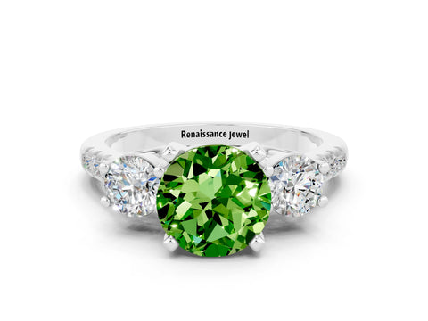 White gold Three-Stone Round Cut Peridot Pavé Band with Four-Prong Setting