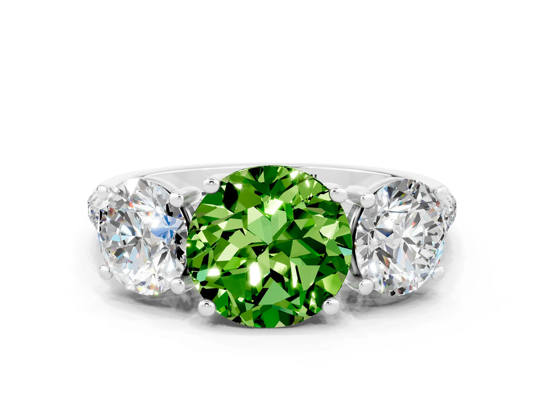 White gold Three-Stone Round Cut Peridot Ring with Pavé Band and Prong Setting_12
