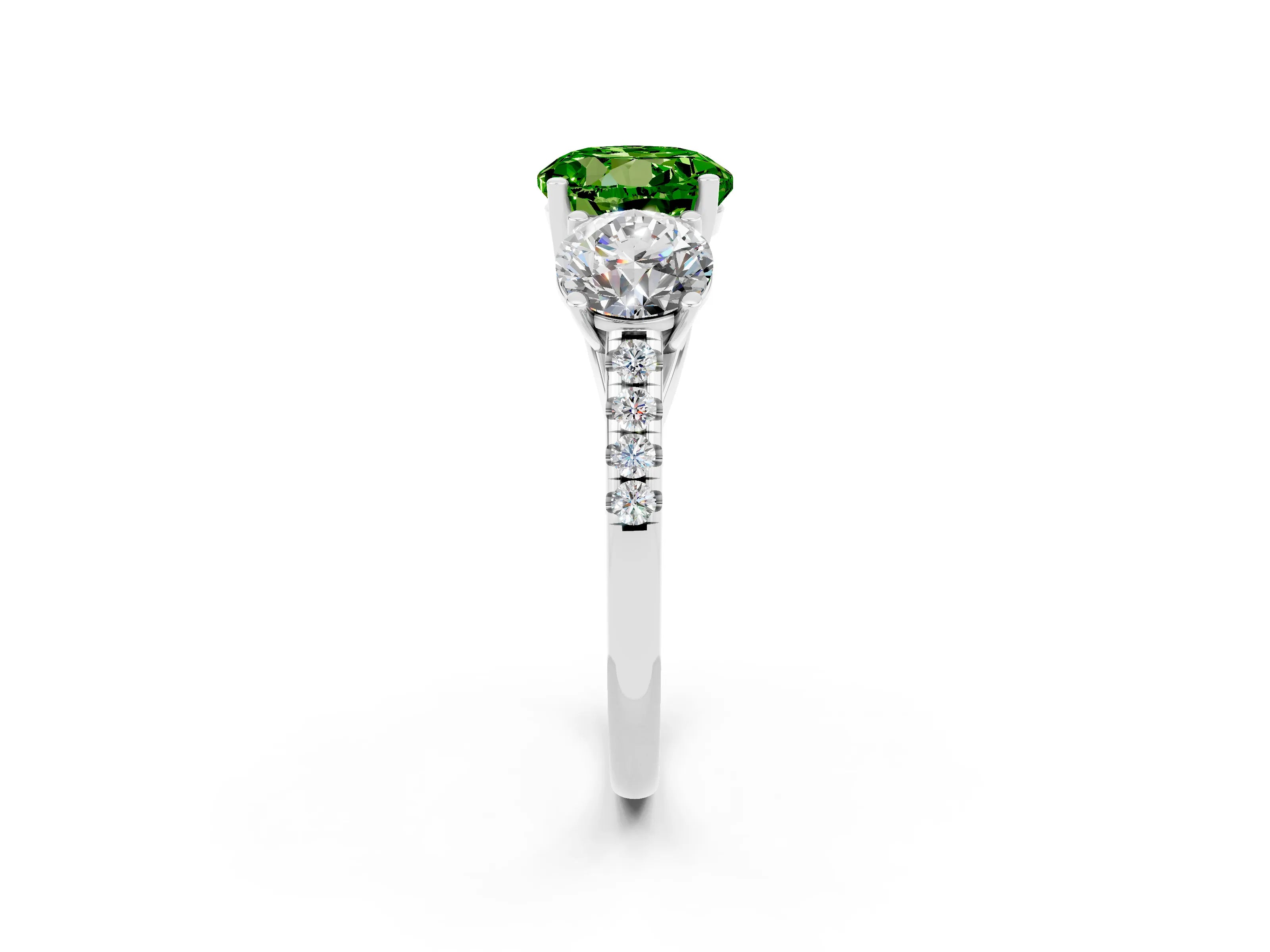 White gold Three-Stone Round Cut Peridot Ring with Pavé Band and Prong Setting_14