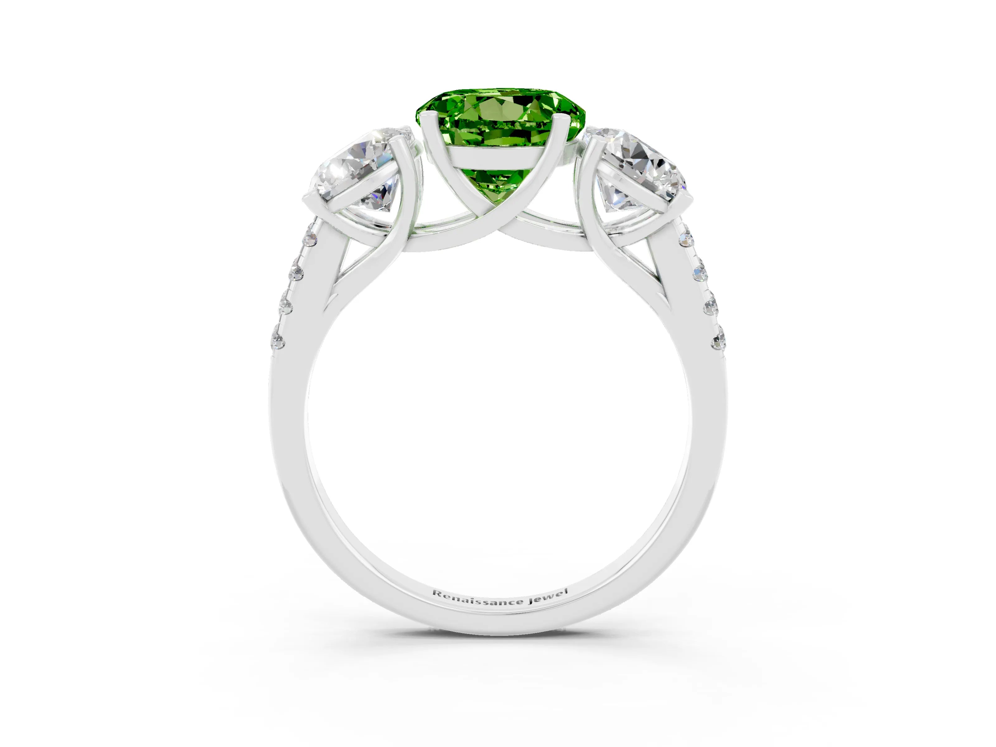 White gold Three-Stone Round Cut Peridot Ring with Pavé Band and Prong Setting_15