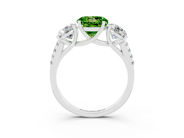 Platinum Three-Stone Round Cut Peridot Ring with Round  Pavé Band and Prong Setting