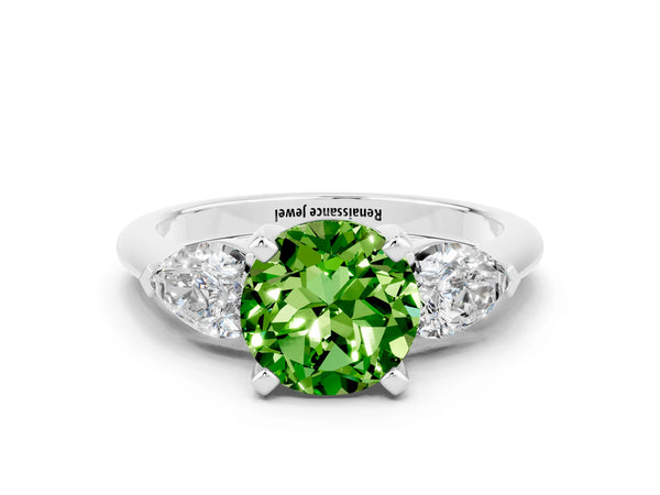White gold Three-Stone Round Cut Peridot Ring with Pear Side Stones and Four-Prong Setting
