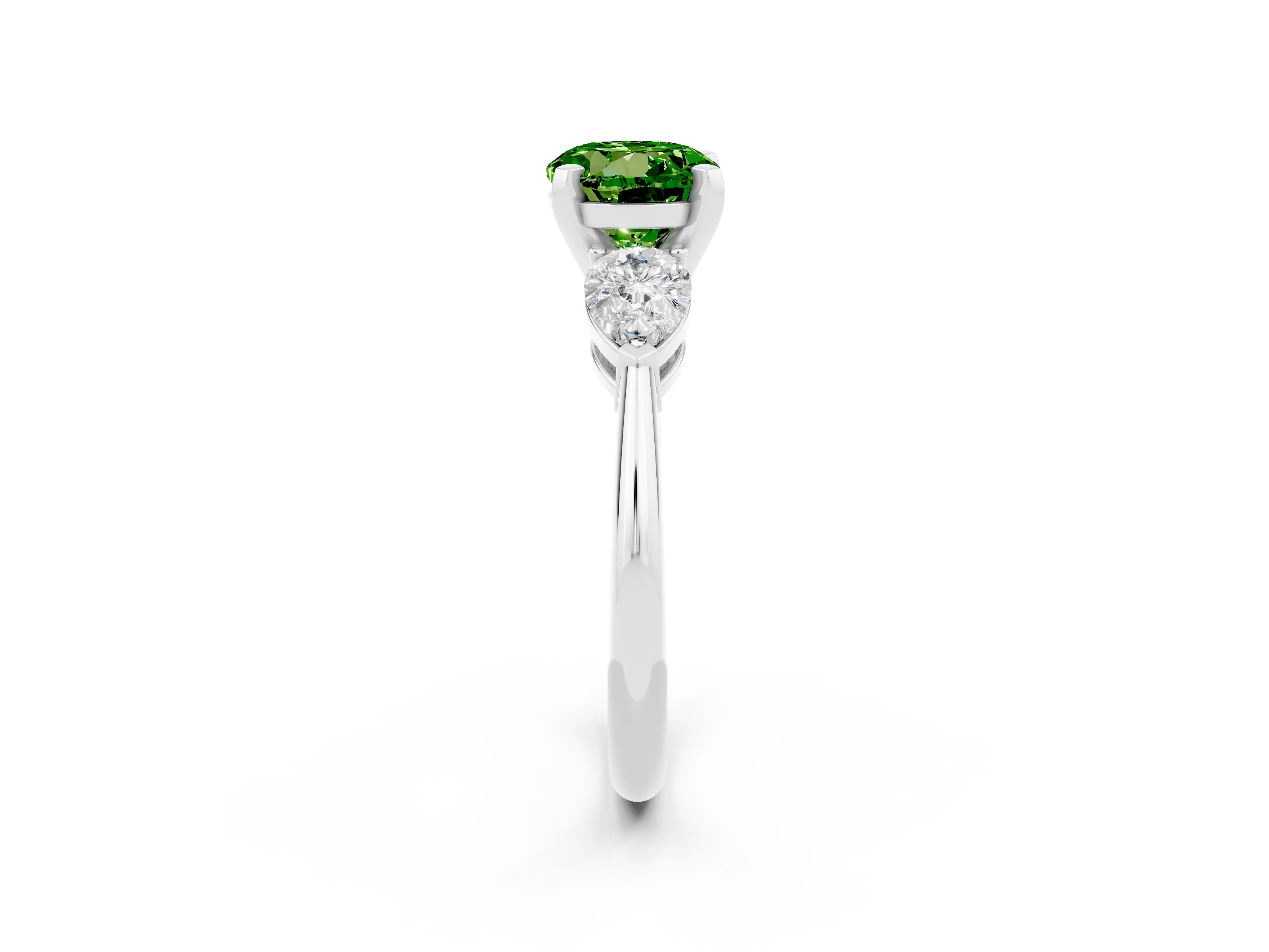 White gold Three-Stone Round Cut Peridot Ring with Pear Side Stones and Four-Prong Setting_20