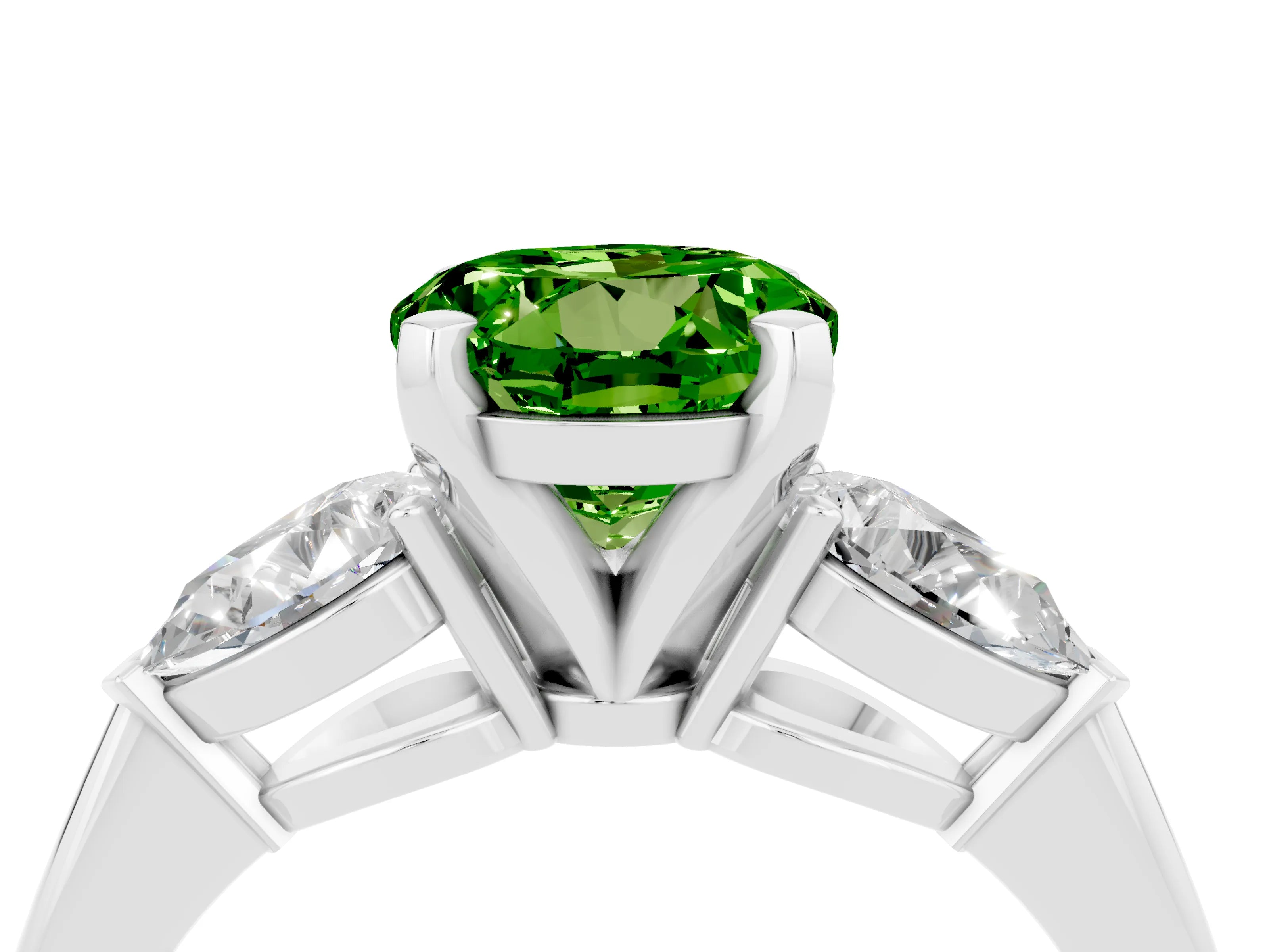 White gold Three-Stone Round Cut Peridot Ring with Pear Side Stones and Four-Prong Setting_22