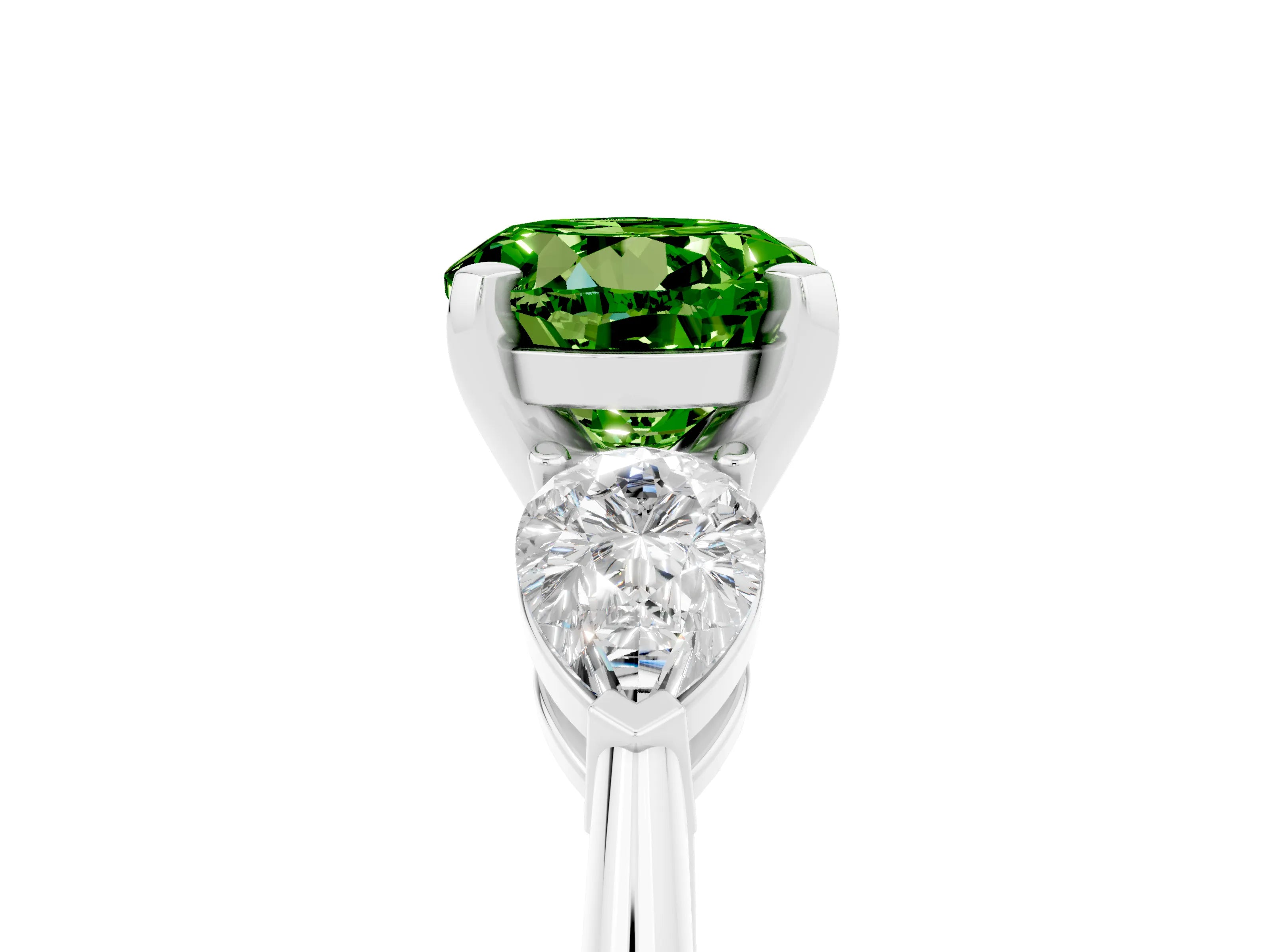 White gold Three-Stone Round Cut Peridot Ring with Pear Side Stones and Four-Prong Setting_23