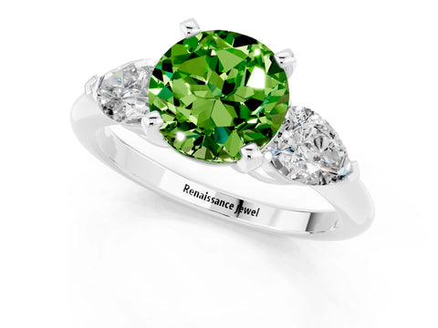 White gold Three-Stone Round Cut Peridot Ring with Pear Side Stones and Four-Prong Setting_25