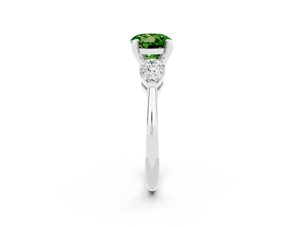 Platinum Three-Stone Round Cut Peridot Ring with Pear Side Stones and Four-Prong Setting