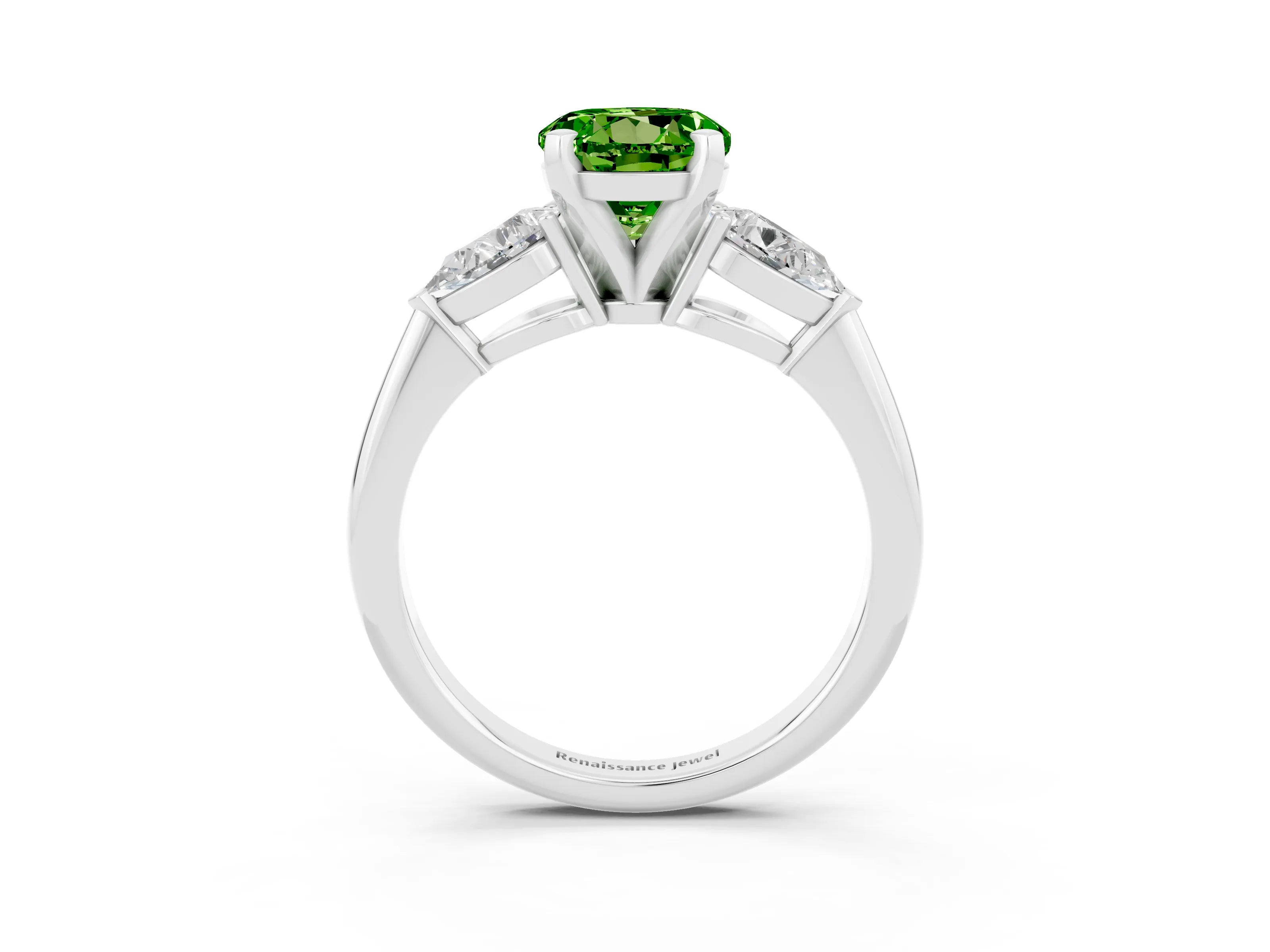 White gold Three-Stone Round Cut Peridot Ring with Pear Side Stones and Four-Prong Setting_27