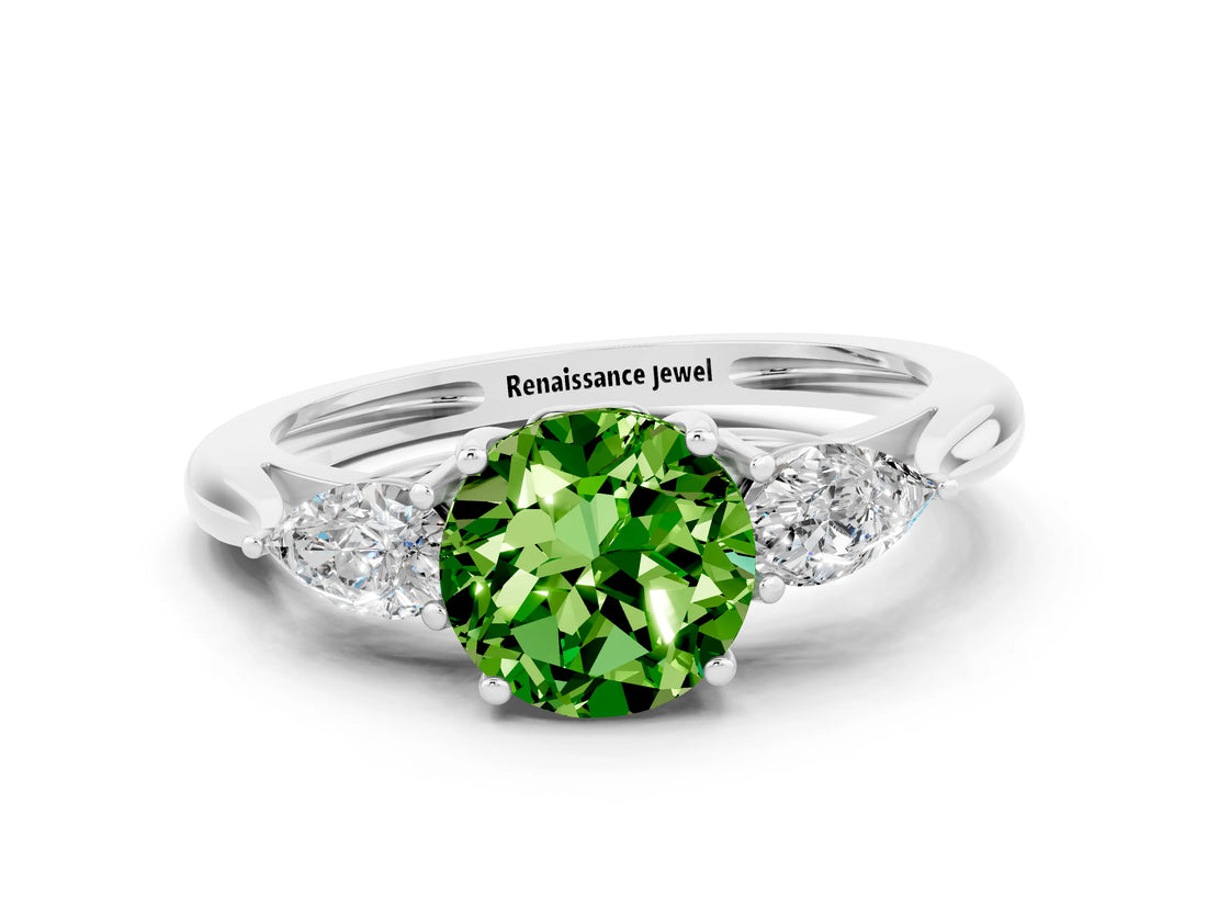 White gold Three-Stone Round Cut Peridot Ring with Pear  Side Stones in Four-Prong Setting_12