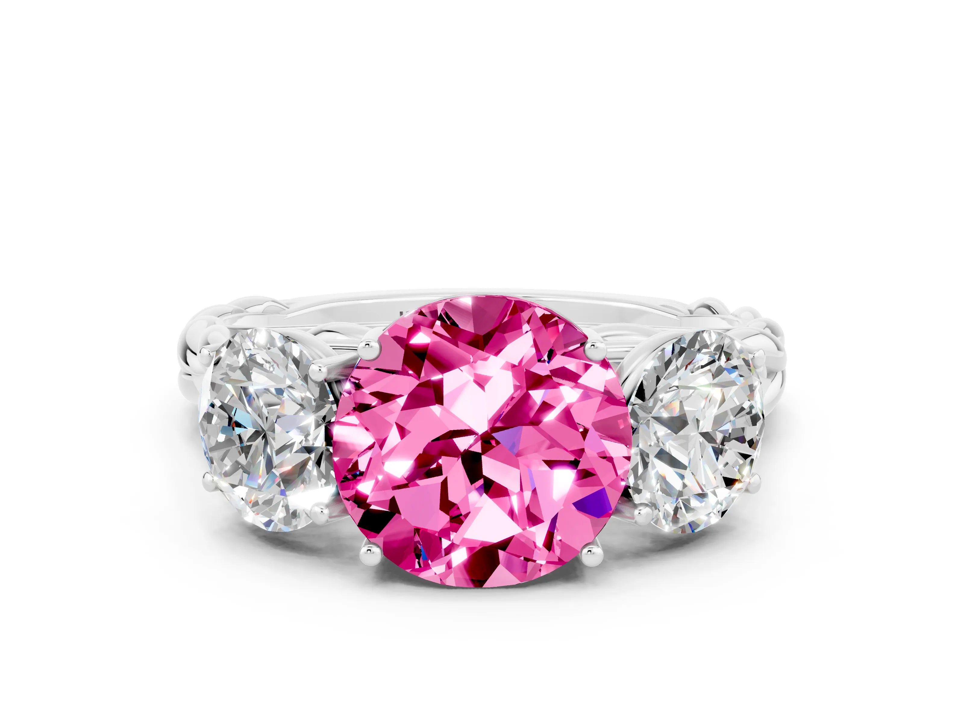 White gold Three-Stone Round Cut Pink Sapphire Braided Band Ring with Four-Prong Setting_36