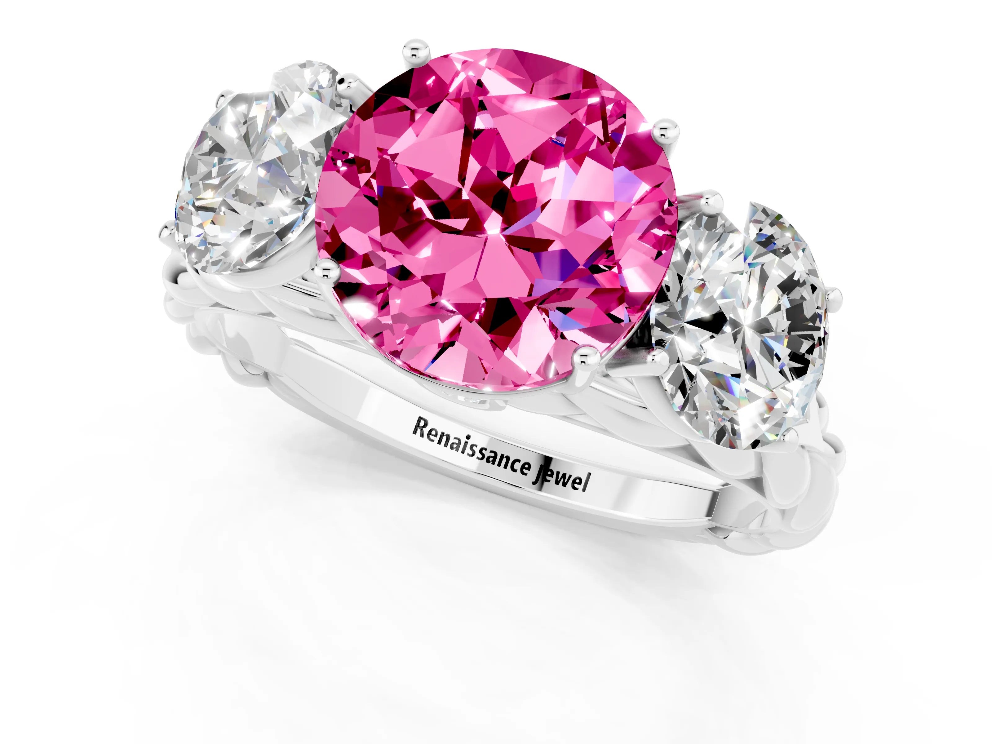 White gold Three-Stone Round Cut Pink Sapphire Braided Band Ring with Four-Prong Setting_37