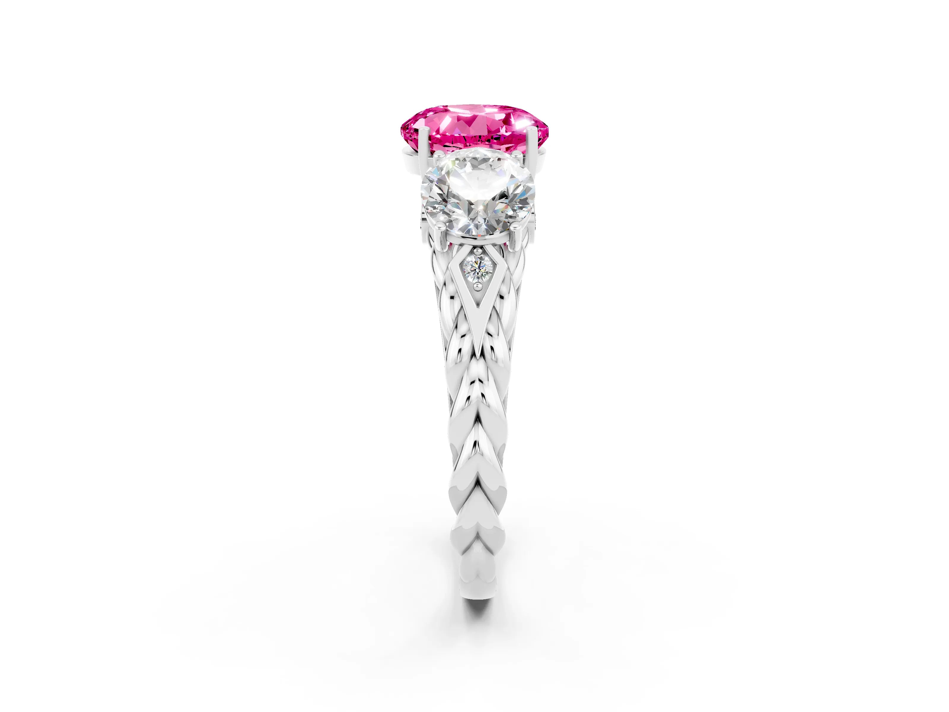 White gold Three-Stone Round Cut Pink Sapphire Braided Band Ring with Four-Prong Setting_38