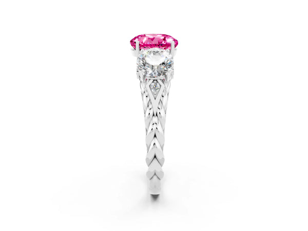 White gold Three-Stone Round Cut Pink Sapphire Braided Band Ring with Four-Prong Setting