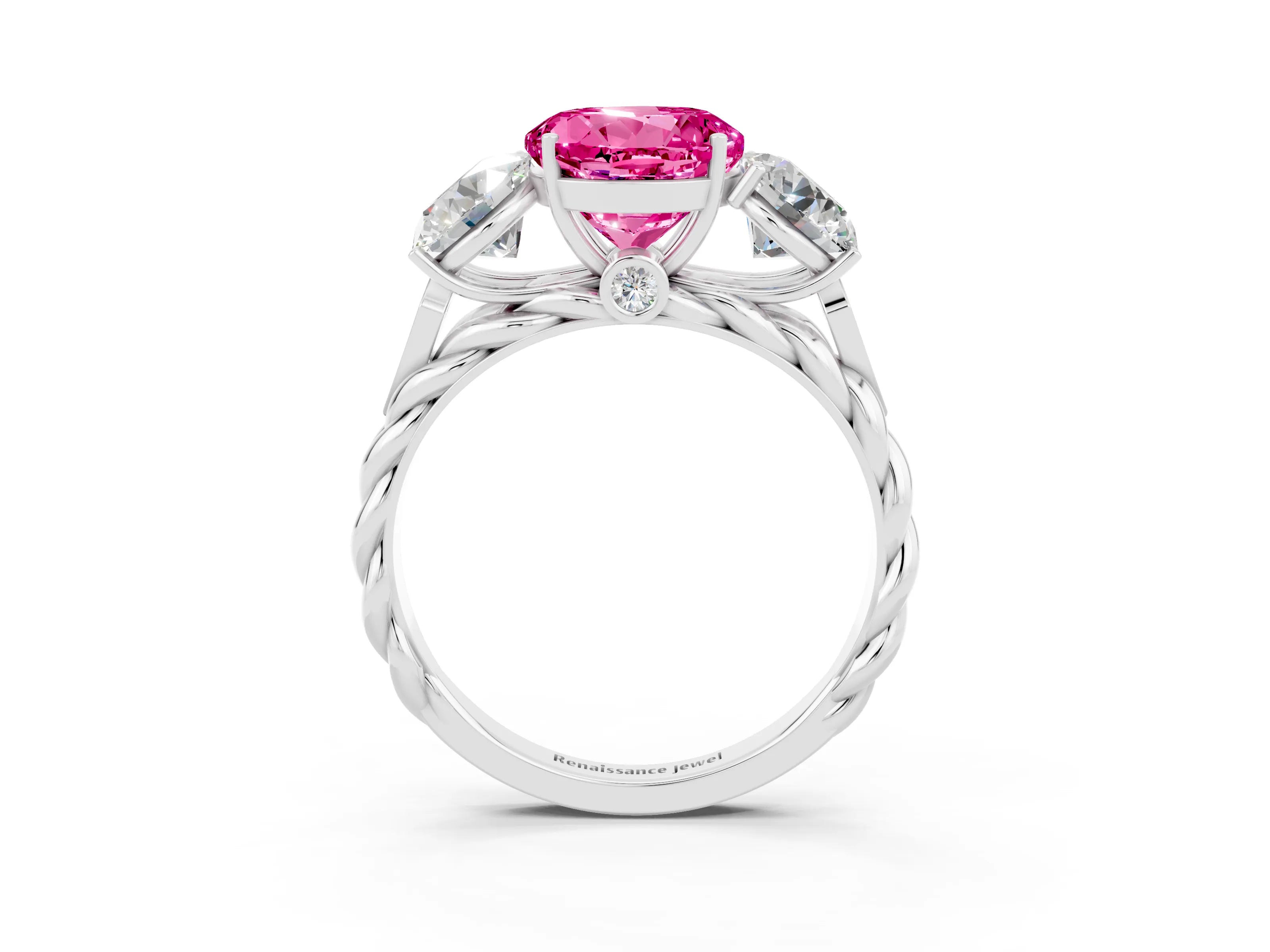 White gold Three-Stone Round Cut Pink Sapphire Braided Band Ring with Four-Prong Setting_39