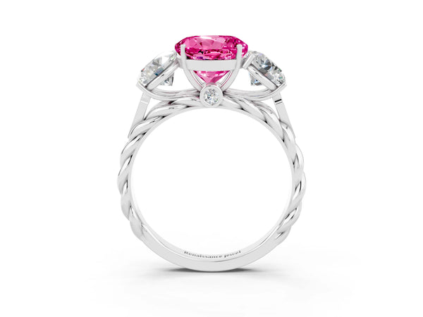 Silver Three-Stone Round Cut Pink Sapphire Braided Band Ring with Four-Prong Setting