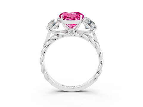 White gold Three-Stone Round Cut Pink Sapphire Braided Band Ring with Four-Prong Setting_39